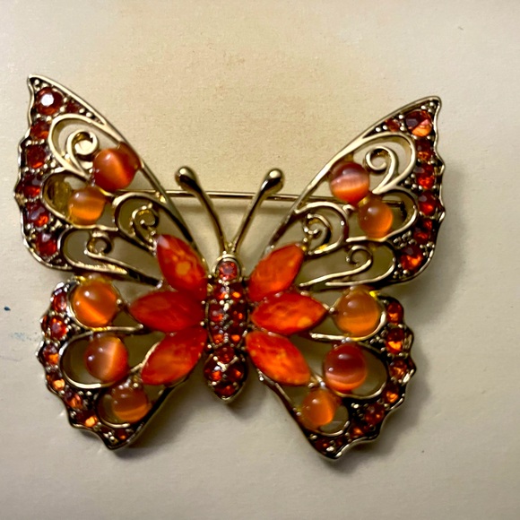 Liz Claiborne Vintage 1970s Gold Tone and Orange Stone Butterfly Brooch - Picture 1 of 2